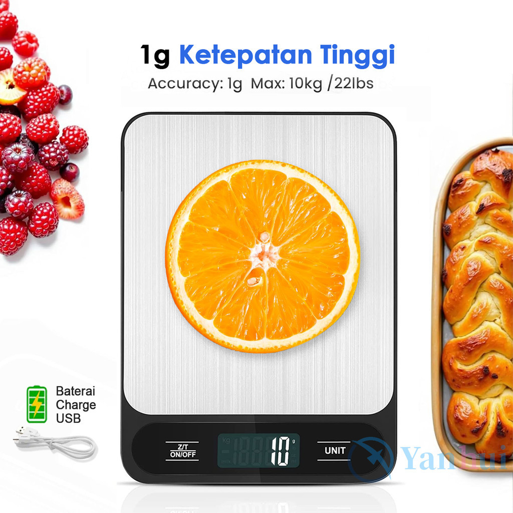 Timbangan Dapur Digital 10Kg/1Gr Waterproof Kitchen Scale Premium USB Rechargeable Timbangan Kue