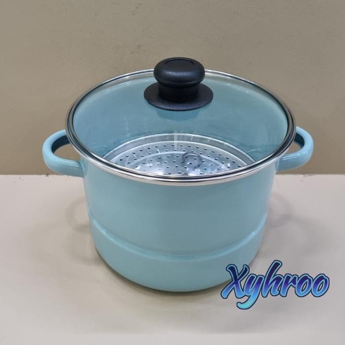 Dandang Kukusan Enamel 20cm Tutup Kaca Tosca Biru Muda