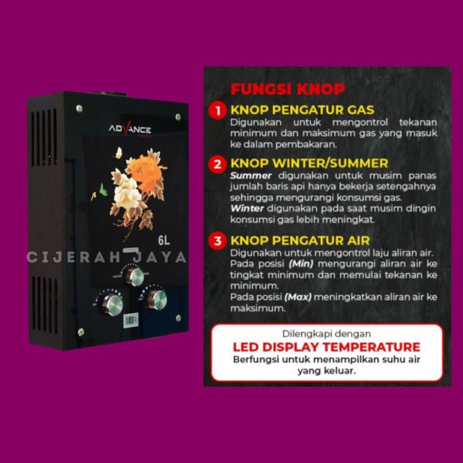 WATER HEATER GAS ADVANCE GWH 50 / GWH 70 PEMANAS AIR GAS ADVANCE + BONUS SHOWER