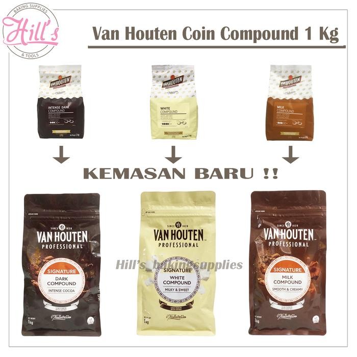 

Van Houten Compound Coin 1 Kg Dark Intense Milk White Chocolate Coklat Promo