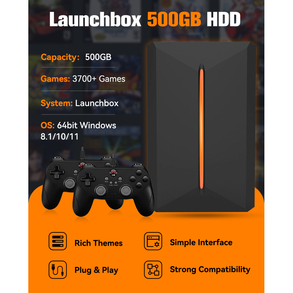 Launchbox 500GB Game Hard Drive Portable Gaming HDD with 3700+PC/3D Games for PS4/PS3/PS2/Wii/WiiU/S
