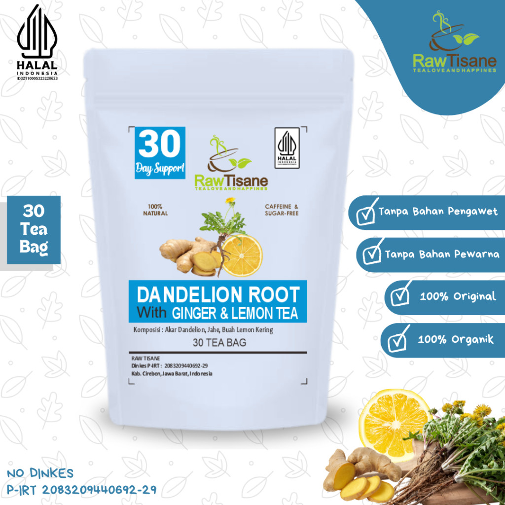 

RAW TISANE Dandelion Root Ginger Lemon Tea : Teh Akar Dandelion, Jahe & Buah Lemon Kering Isi 30 Tea