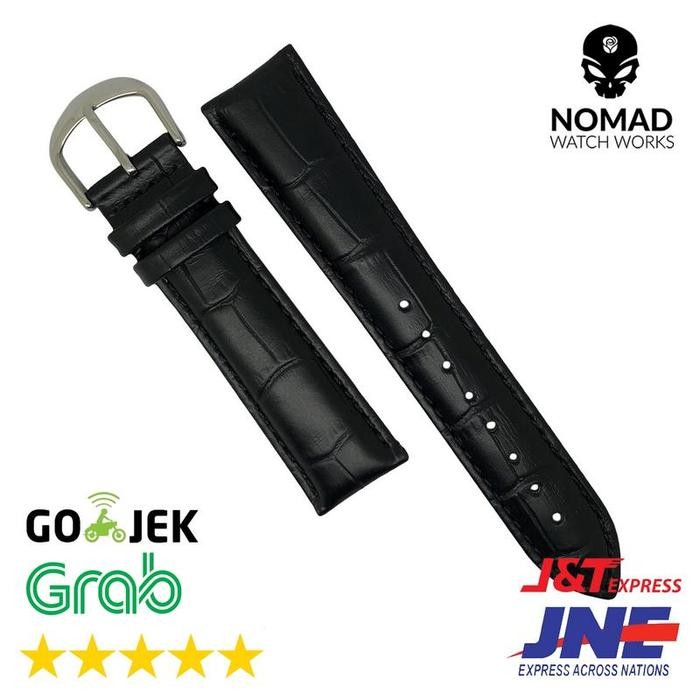 19 Mm - Strap Kulit Buaya Stamp - Tali Jam Kulit - Hitam - Silver