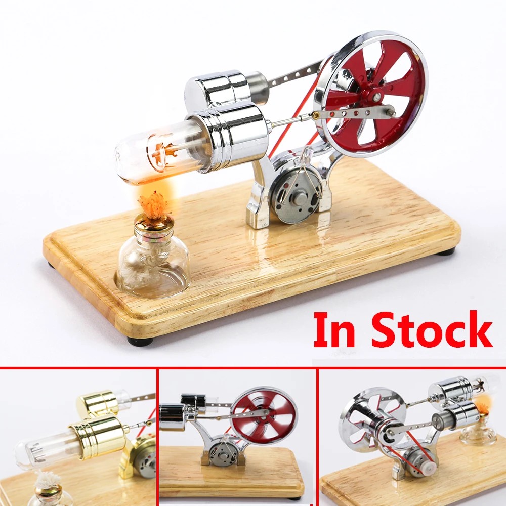 NEW Stirling Engine Model Physics Generator with LED Light Wooden Base Physics Experiment Science Ex