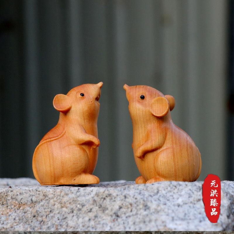 Patung Miniatur & Figurine Ukiran Kayu Zodiak Tikus Kerajinan Hewan Dekorasi Mewah Dekorasi Ruang Ta