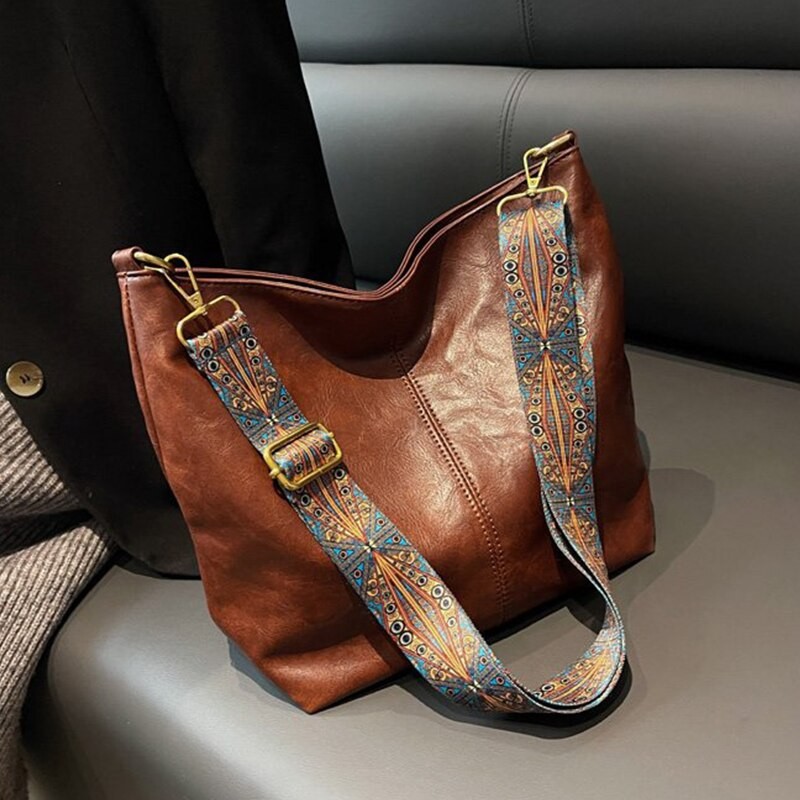 Tas Selempang Bahu Modis Wanita Kulit PU Warna Solid Vintage Tas Selempang Bucket Tali Lebar Sederha