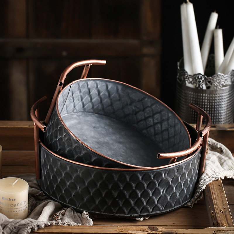 Keranjang Roti Buah Antik Buatan Tangan Eropa Nampan Logam Antik Bulat dengan Pegangan Penyimpanan D