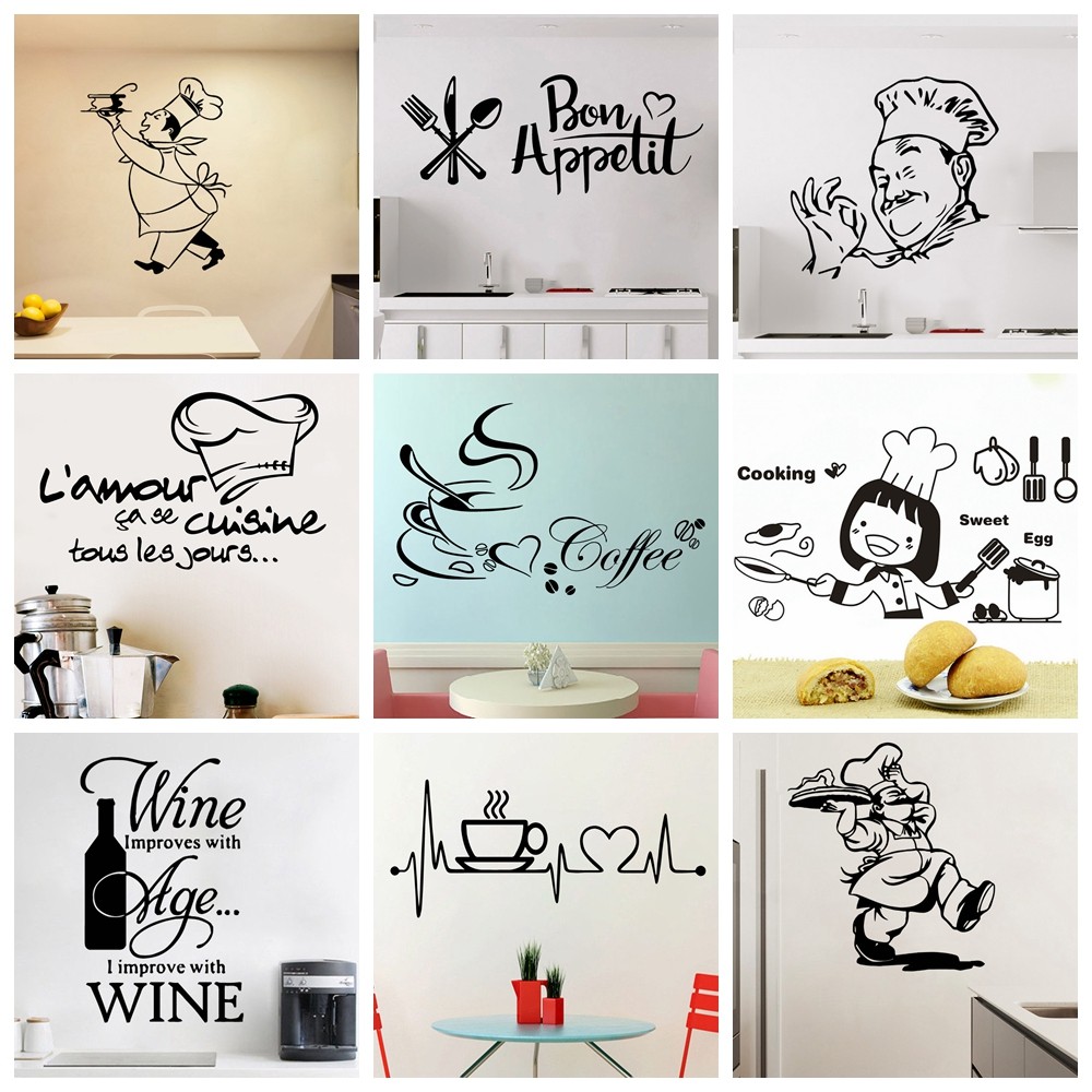 Stiker Dinding Vinil Dapur untuk Dekorasi Rumah Ruang Makan Dekorasi Masakan/Anggur/Kopi Stiker Stik