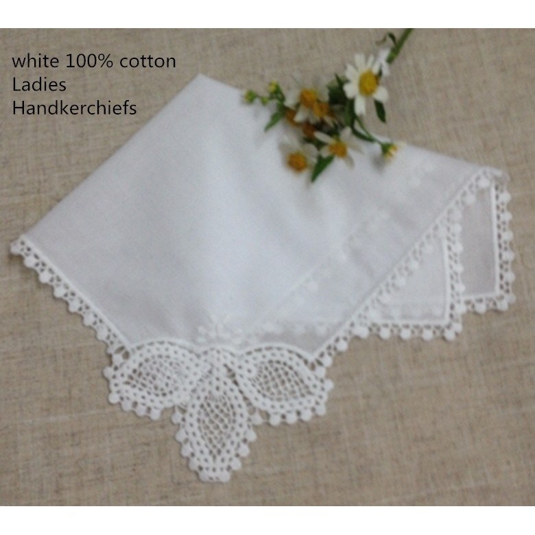 Set Isi 12 Sapu Tangan Wanita Modis Sapu Tangan Pengantin Pernikahan Renda Katun Putih untuk Hadiah 