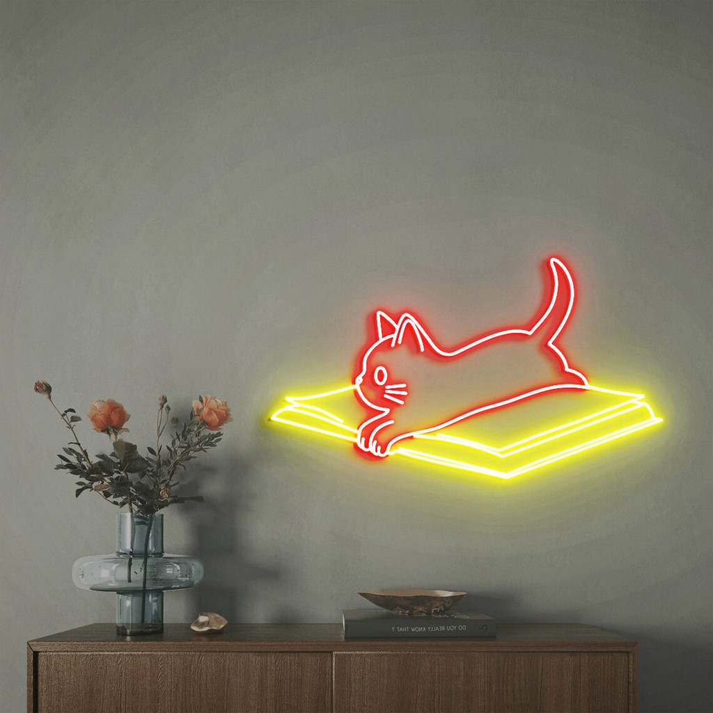 

Books And Cat Neon Sign, Cat On A Book, Book Club Sign, Gift For Cat Lovers, Books Reading Room
