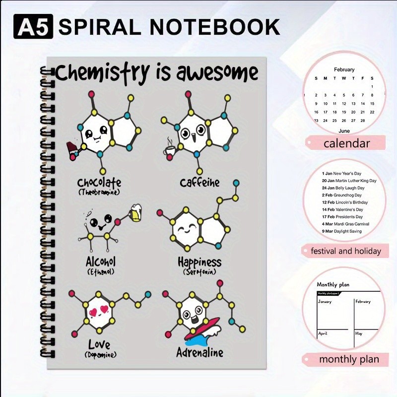 

14.8Cmx21Cm "Chemical Element Theme Cover" Spiral Notebook, Planner, Notepad, 50 Sheets (100 Pages),