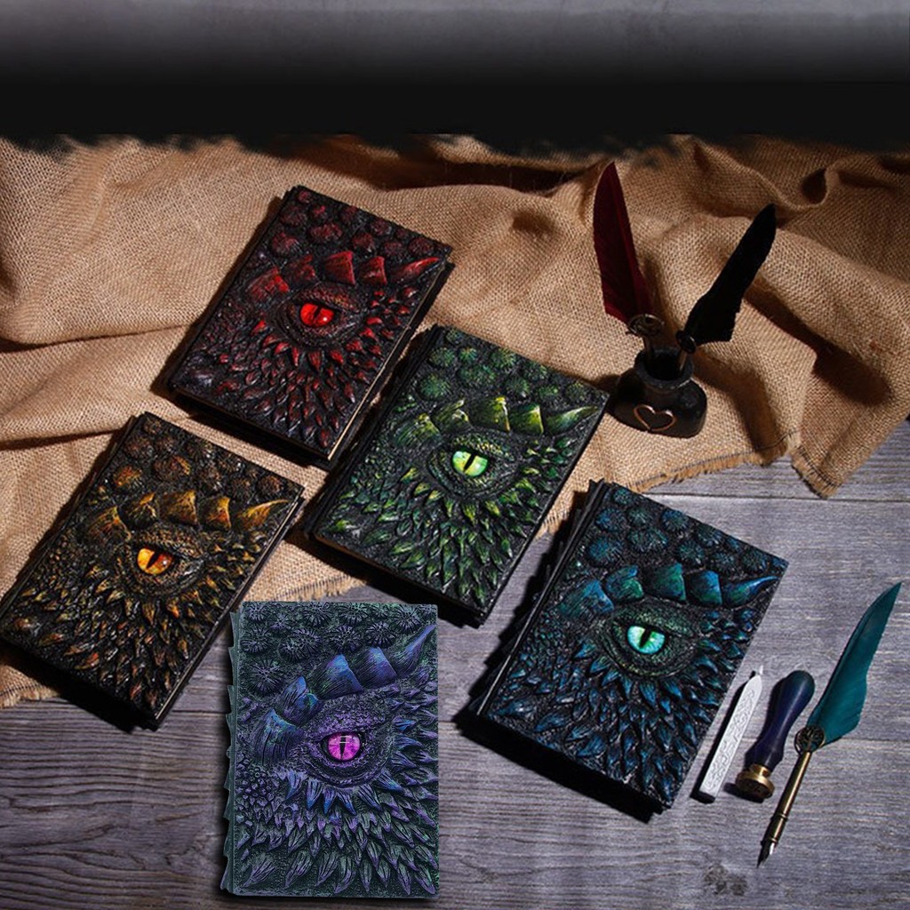 

Fashion Retro Dragon Embossed Cover Notebook Dragon'S Eye Resin Handbook Travel Journal Book Cubic