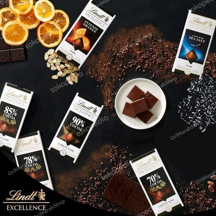 

Lindt Excellence Dark Chocolate Coklat Hitam Mint Orange Milk Sea Salt Cokelat 70% 78% 85% 90% 95%