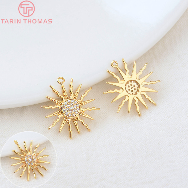 (855)4 Buah 16X18MM Lubang 1MM 24K Warna Emas Kuningan dan Zirkon Liontin Jimat Matahari Kualitas Ti