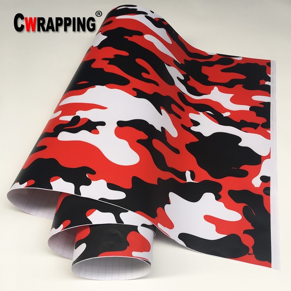 Stiker Foil Film Stiker Pembungkus Mobil Vinil Kamuflase Camo Merah Hitam Putih untuk Konsol Sepeda 