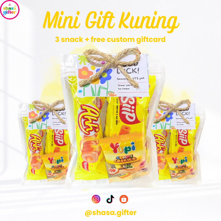 

MINI GIFT SNACK KUNING UNTUK AFEKSI UTS, UAS, KUESIONER, ULANG TAHUN/SEMPRO SIDANG/PAKET JAJAN KECIL