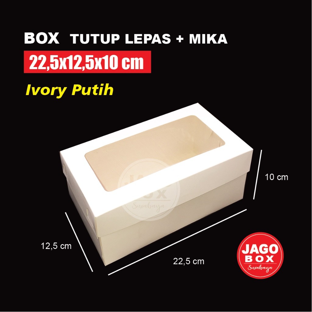 

BOX KOTAK KUE/TART/ROTI 22,5 X12,5 X10 CM TUTUP LEPAS + MIKA IVORY PUTIH TERLARIS