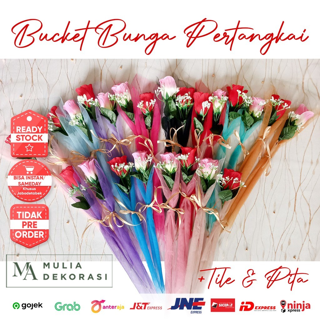 ID BUCKET BUNGA MAWAR PER 1 TANGKAI AKSESORIS LAMARAN NIKAHAN AKAD LENGKAP DENGAN KAIN TILE DAN PITA