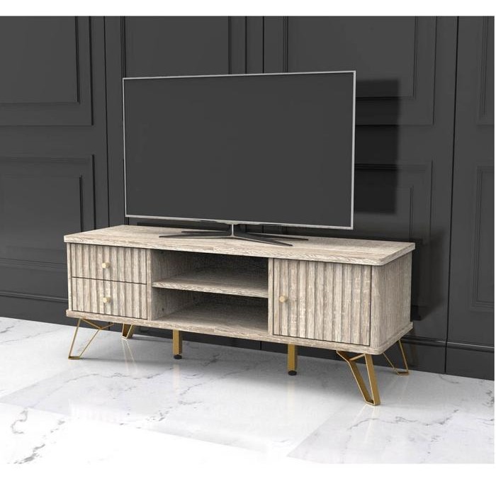 Meja Rak Tv Warna Natural Kaki Besi Gold Minimalis 120Cm Bandung