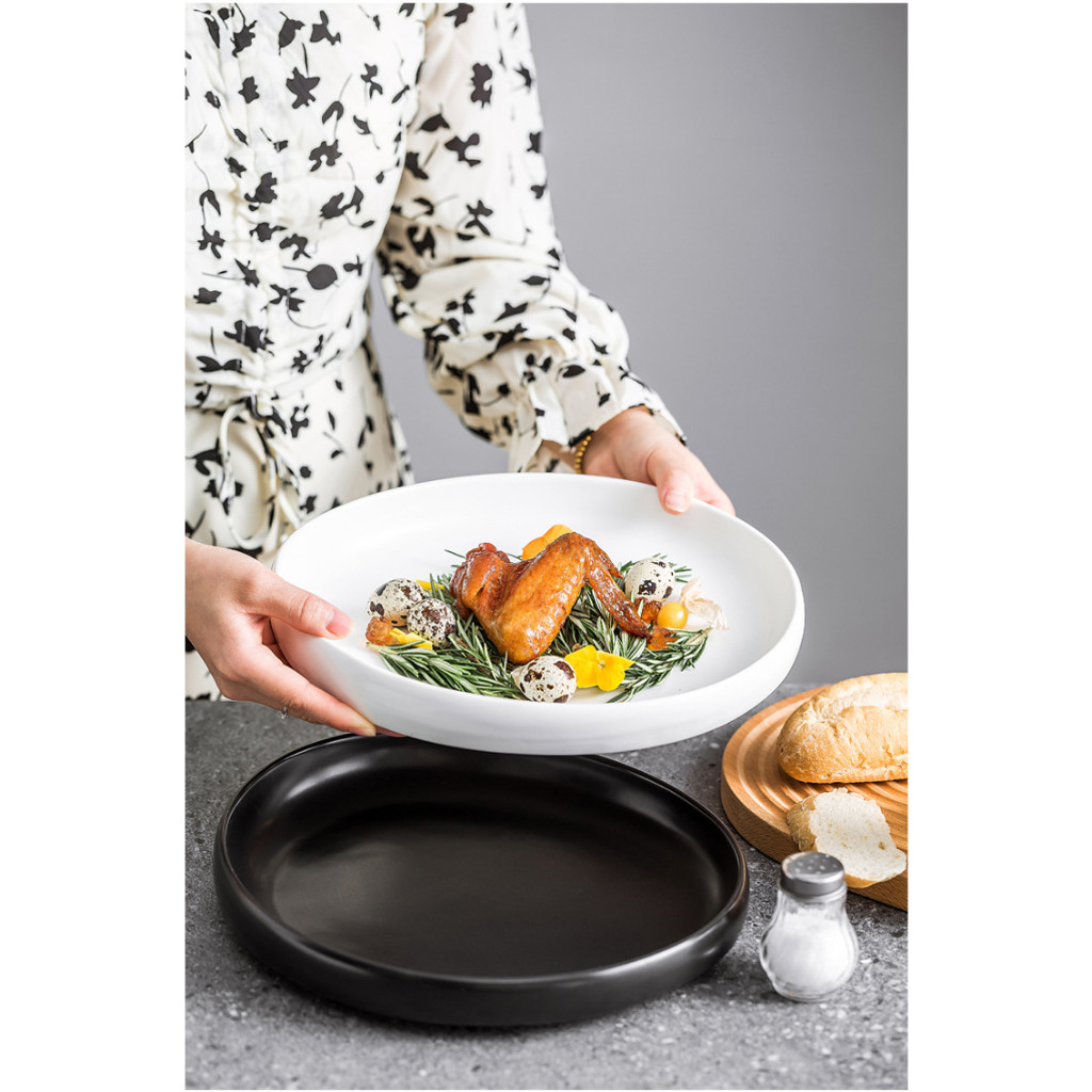 Piring Keramik Putih Hitam Bentuk Bulat Oval Unik Simple Aesthetic