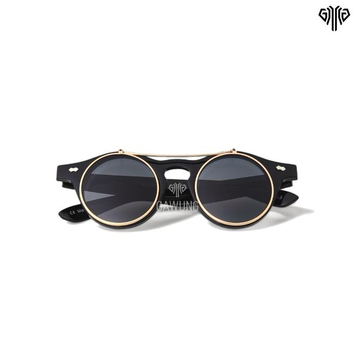 Kacamata Hitam Bulat Pria Retro Classic Vintage Sunglasses Model Antik Motor Kcinte Black Lensa