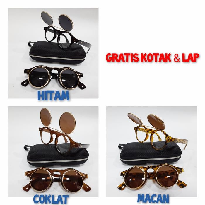 Kacamata 2 In 1 Steampunk Bulat Boboho Hitam Bening Clip Flip Up On #Gratisongkir #Sale #Discount