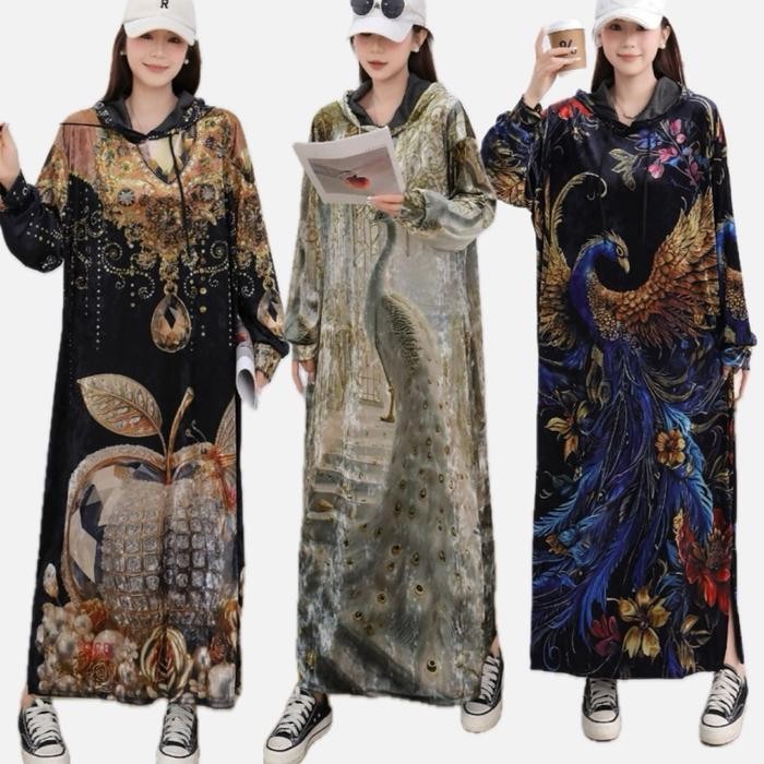 Long Dress Hoodie Velvet Bludru Lengan Panjang Motif Jumbo