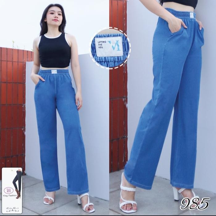 Celana Jeans Pinggang Karet Wanita Import Celana Denim Panjang Celana Jeans Wanita