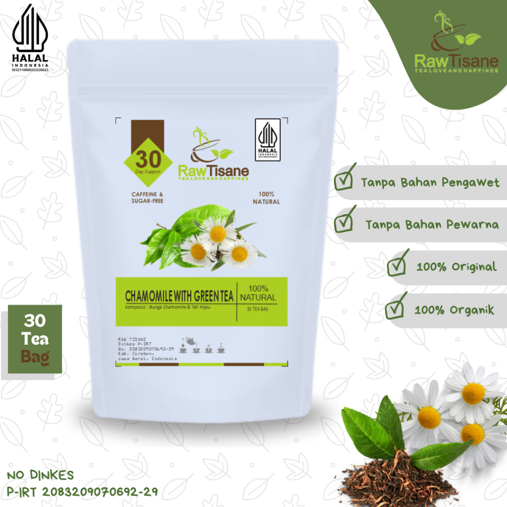 

RAW TISANE Chamomile Green Tea : Teh Bunga Kamomil & Teh Hijau Jawa Isi 30 Tea Bag