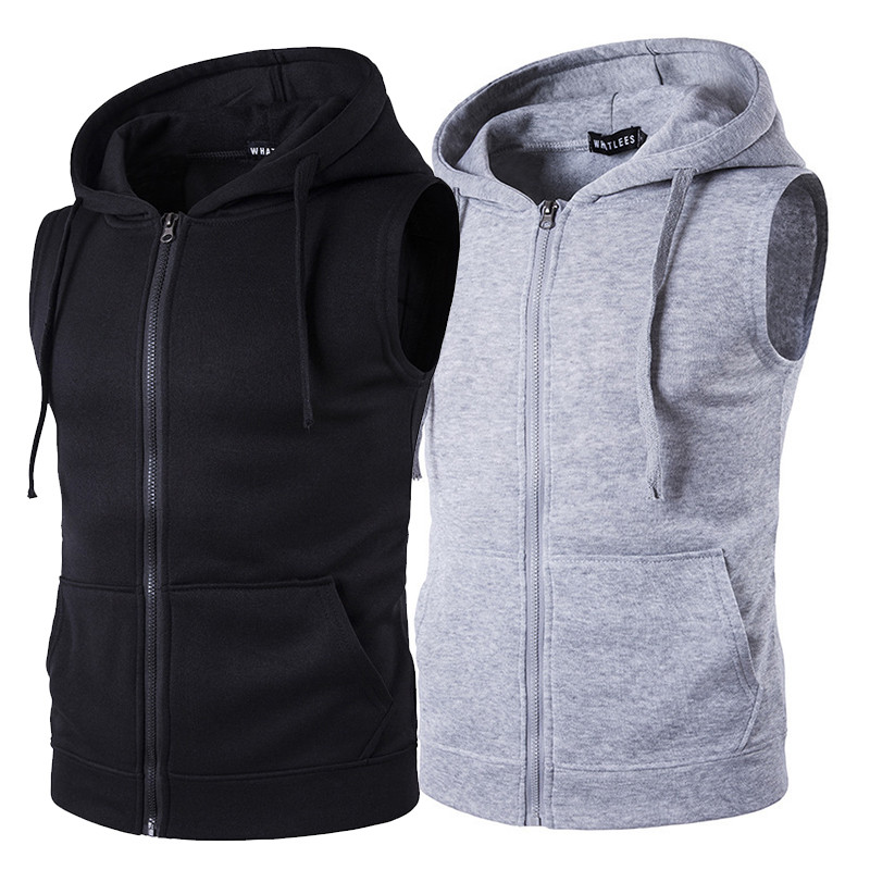 Men'S Casual Hoodie With Sleeveless Zipper Sports Shirt, Spring/Summer/Autumn Cotton Jacket Vest