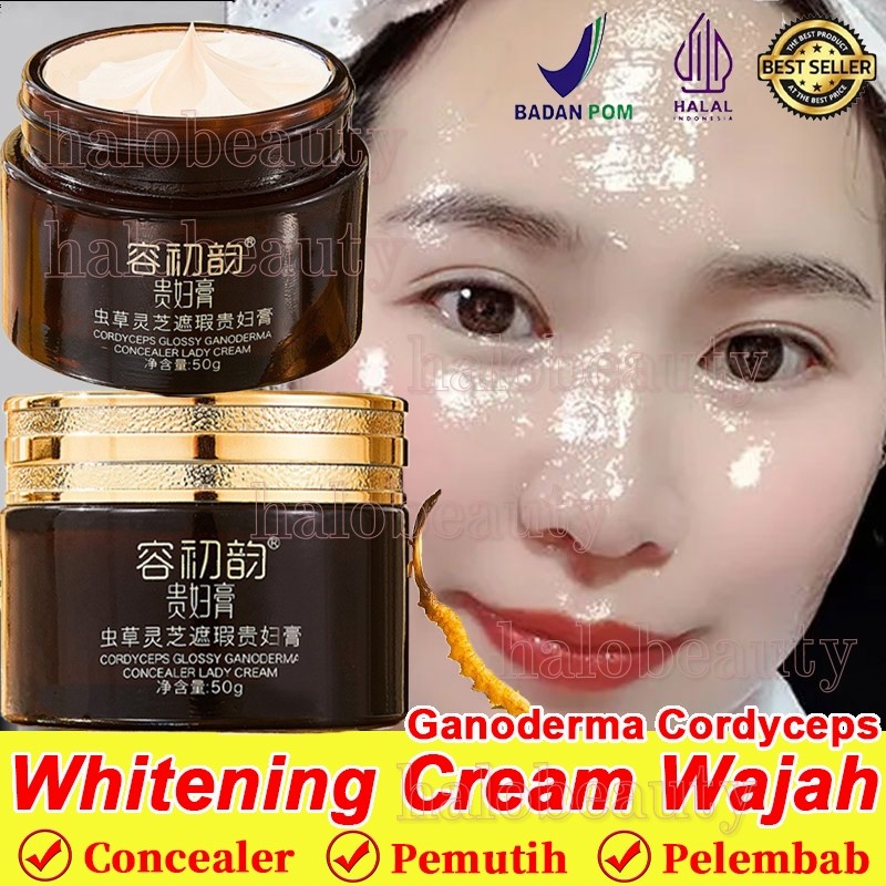 Laks Ganoderma Cordyceps Dempul Wajah Tahan Lama Foundation Glowing Whitening Lazy Cream Pelembab