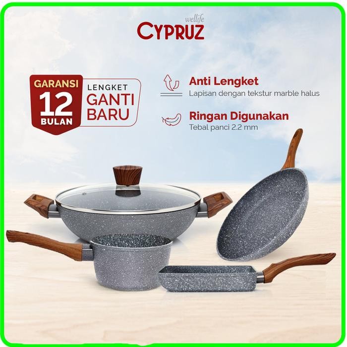 (PAKET BUNDLING) PANCI SET CYRUZ GREY MARBLE SERIES Marble Cypruz Cyprus 4 Pcs Panci Wajan