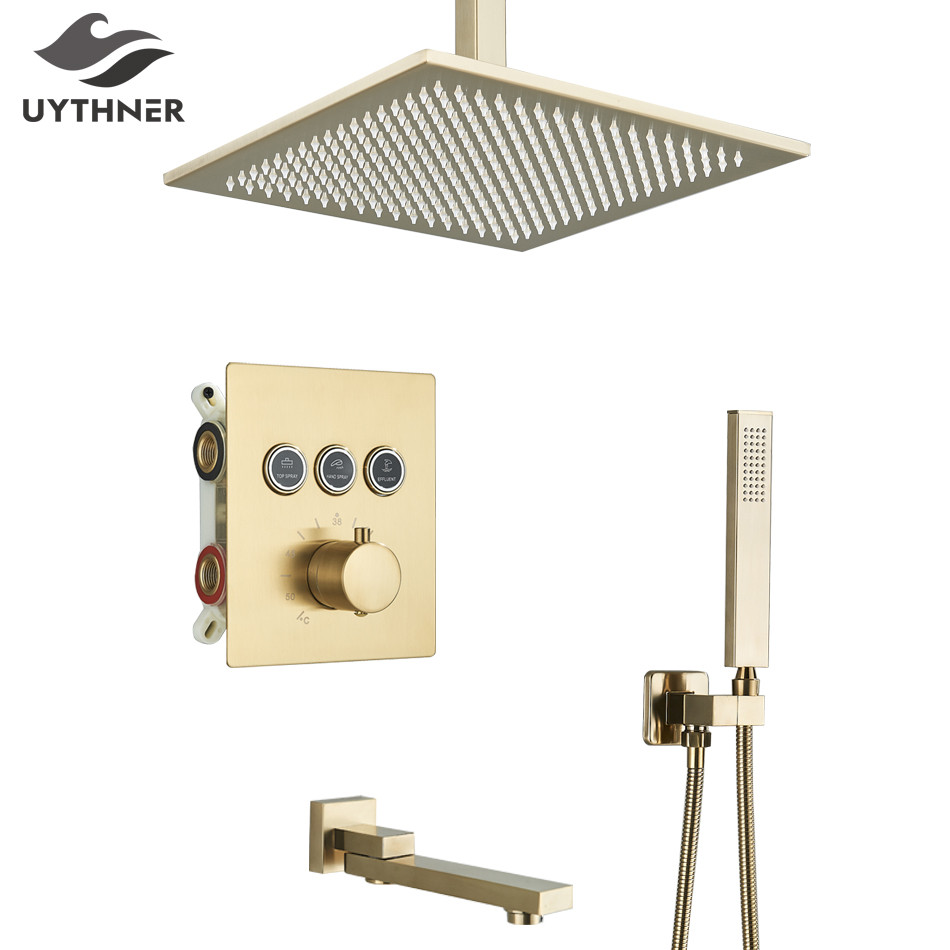 Brush Gold Thermostatic Bathroom Shower Faucet Rainfall Shower Head
