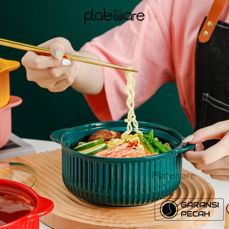 Mangkok Keramik Mangkok Bakso dan indomie Tutup Kaca Crown Tahan Panas Microwave Safe