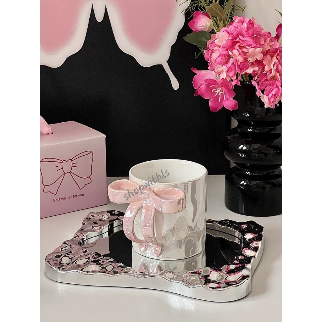 COQUETTE MUG/Korean Style Mug/Cute Ceramic Mug/Cangkir Motif Pita/Cangkir Kopi/Teh Estetik/Cangkir