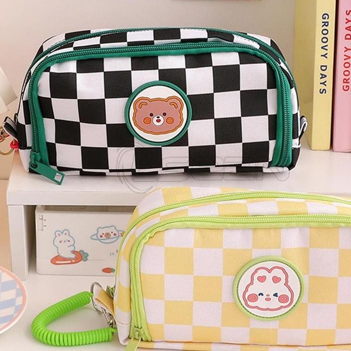 

PENCIL CASE KOREA CHECKERED CUTE BEAR MULTIFUNGSI POUCH DUAL ZIPPER STATIONERY PENSIL