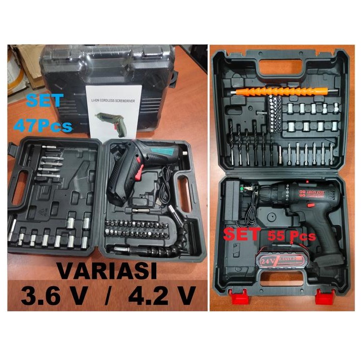 Set Mesin Bor Obeng Elektrik Cordless Screwdriver Mesin Bor Mini 47Pcs