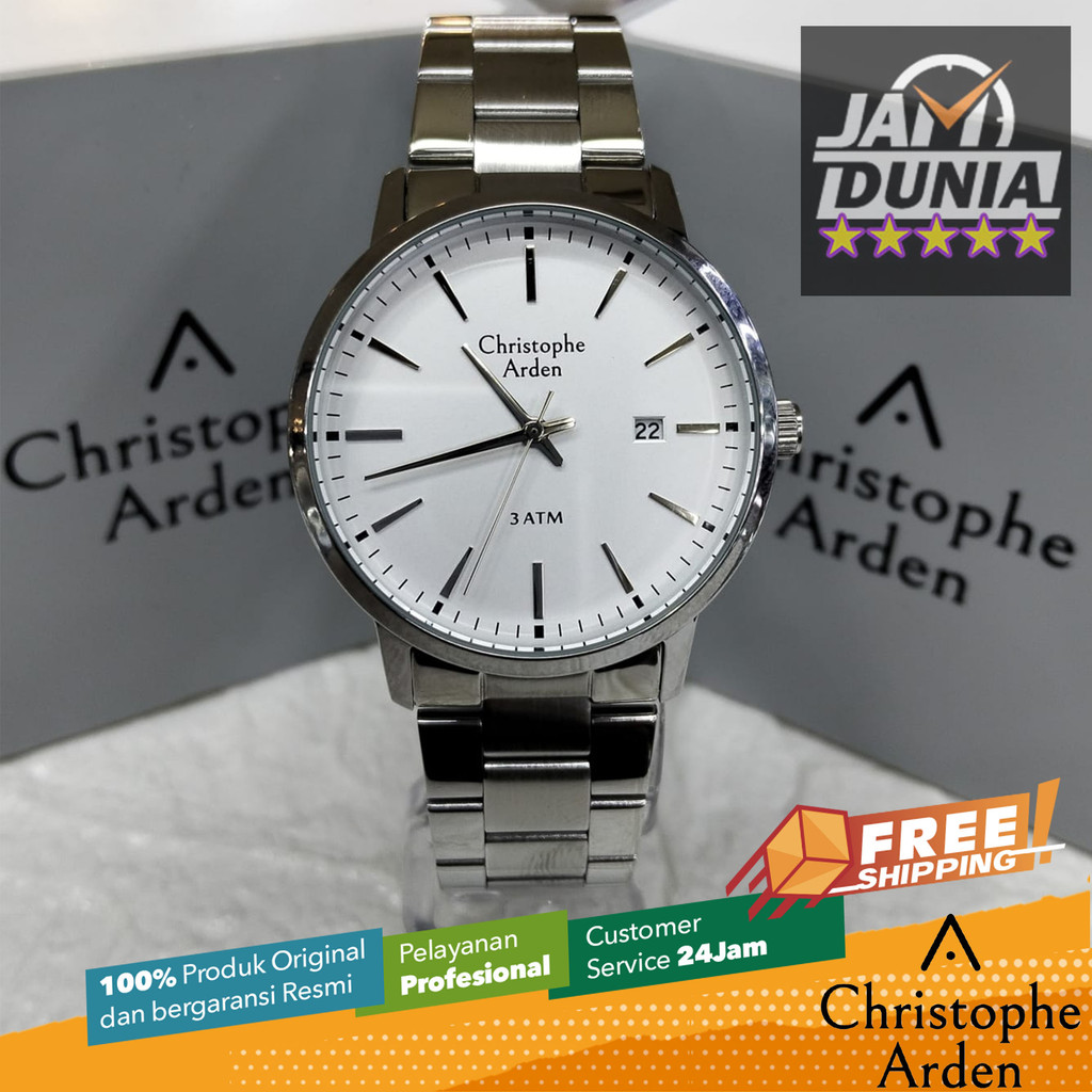 JAM TANGAN CHRISTOPHE ARDEN PRIA ORIGINAL SILVER WHITE STAINLESS STEEL STRAP CAF2002 CA F2002 JAM AN