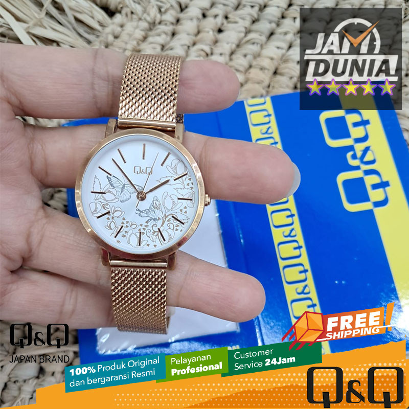 JAM TANGAN ANALOG WANITA Q&Q ORIGINAL QNQ QA21 J041Y QQ QA21J041Y STRAP STAINLESS STEEL ROSE GOLD NG