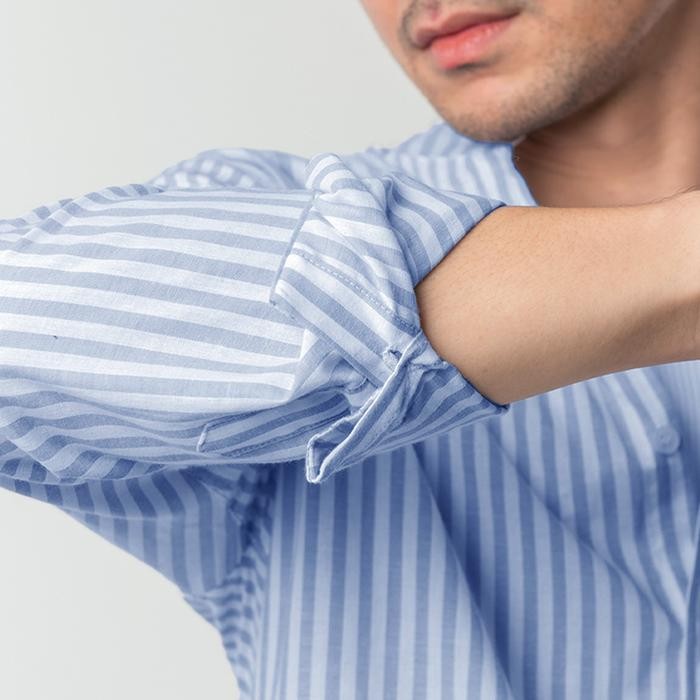 Kemeja Pria Garis Woodcutter Collarless Butcher Stripe Kerah Shanghai - Blue Biru Lengan Panjang