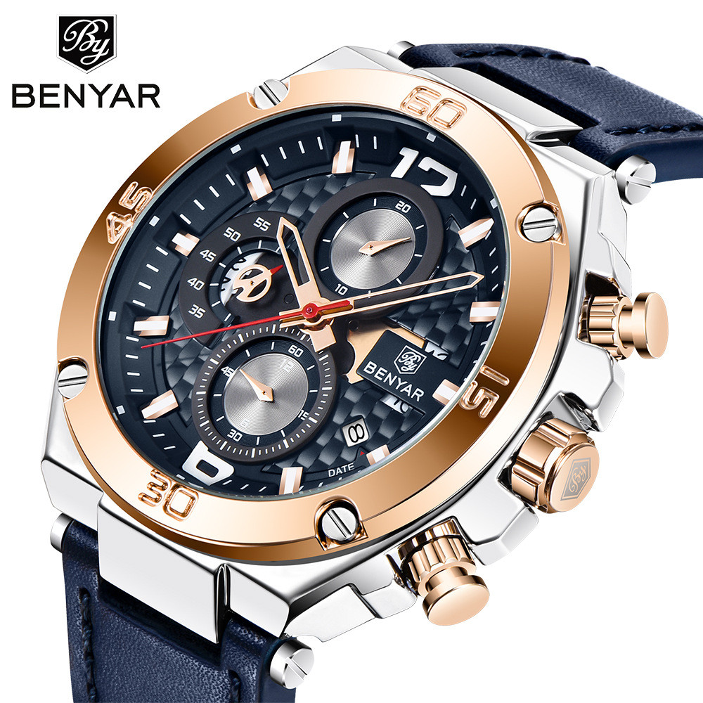 BENYAR Men Quartz Watch Luxury Military Sport Chronograph Business Waterproof Leather Watches Relogi