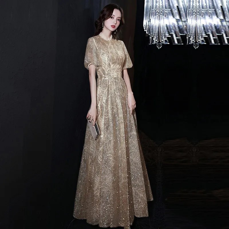 Puff Sleeve Pleated Evening Party Dress Gown Lace Edge Collar Cheongsam Gold Powder Sequins Qipao