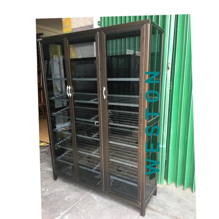 LEMARI SEPATU ALUMUNIUM PUTIH 3 PINTU KACA RIBEN