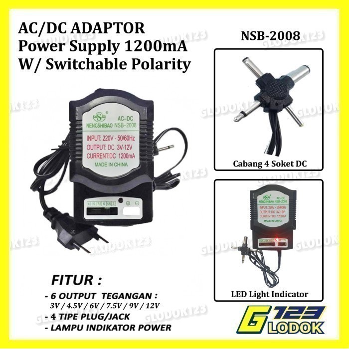 ADAPTOR 1200MA MULTI UNIVERSAL CHARGER DC 3V 4.5V 6V 7.5V 9V 12V TRAFO