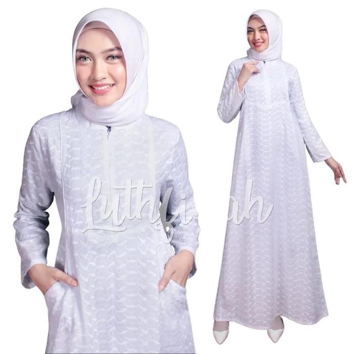 Gamis Katun Jepang Bermotif Model Kantong Dua Hiasan Bis Ban Poliester Polos Bunga Hitam Putih