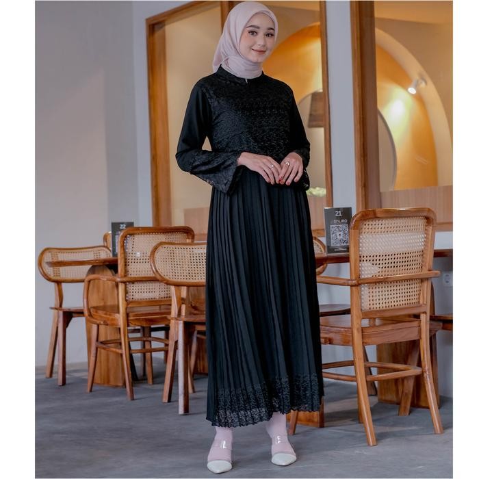 Gamis Laila Brukat Rok Plisket Hitam Muslim - Gamis Rok Payung Gamis Lebaran / Umroh / Pesta