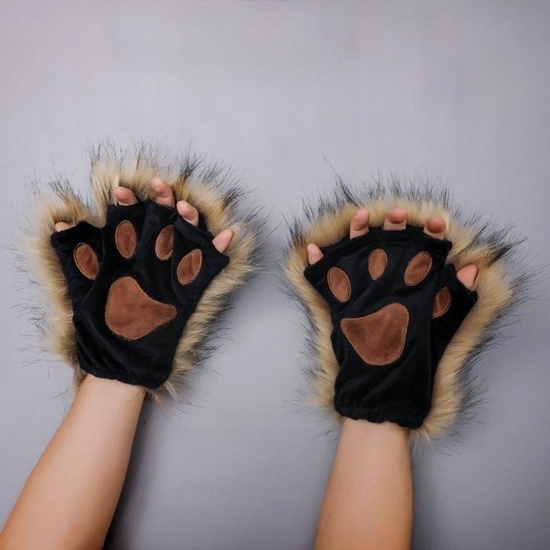 Animal Paw Gloves Winter Fingerless Gloves Fluffy Bear Cat Plush Paw Claw Glove Half Finger Cover