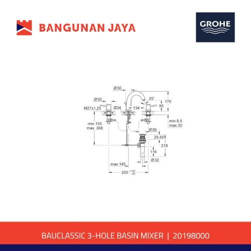 GROHE BAUCLASSIC 3-HOLE KRAN WASTAFEL BASIN MIXER KERAN WASTAFEL PANAS DINGIN 20198000