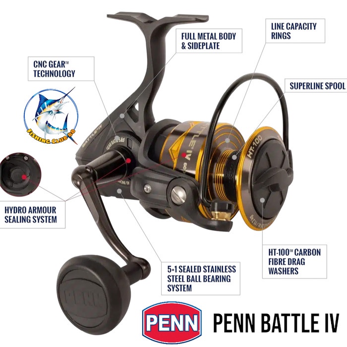 REEL SPINNING PENN BATTLE IV 2000 3000 4000 5000 6000 8000 10000 POWER HANDLE, HYDRO ARMOUR, 100%