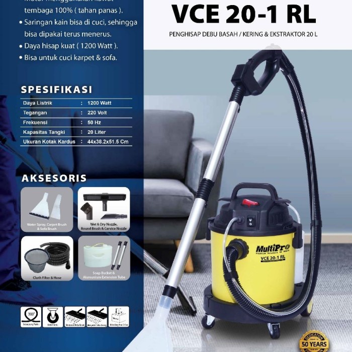 Multipro VCE20-1 RL Vacuum Cleaner Extractor 3in1 - Kapasitas Debu 20L, Suction Power 18000Pa